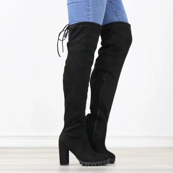Black Thigh High Boots Over The Knee Block Lug High Heel Faux Suede Round Toe - Picture 4 of 13